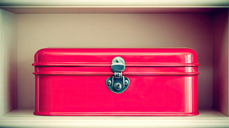 A vibrant red vintage storage box with a polished metal latch sits neatly on a wooden shelf, adding a pop of color and organizational utility to any modern space.の素材