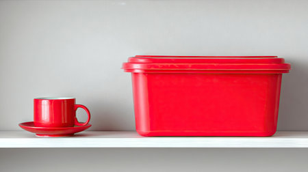 A vibrant red container sits next to a matching cup on a sleek shelf. This minimalistic arrangement evokes modern home decor and inspires creativity.の素材