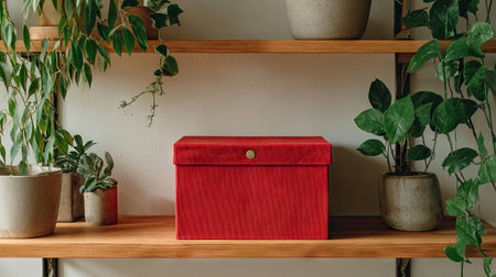 A vibrant red storage box sits gracefully on a wooden shelf, framed by lush green plants in decorative pots, creating a modern and inviting home decor scene.の素材