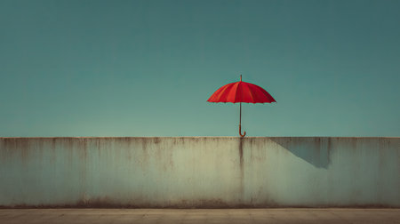 A vibrant red umbrella stands on a white wall under a clear blue sky, creating a striking contrast and a peaceful atmosphere in this minimalistic composition.の素材