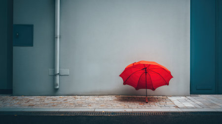 A striking red umbrella stands alone against a smooth, gray wall, creating a bold visual contrast in a minimalist urban environment.の素材