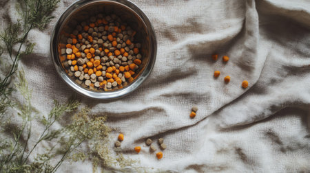 A pet food bowl filled with colorful kibble sits on a soft textured cloth. Surrounding elements create an inviting and natural atmosphere ideal for pet-themed content.の素材