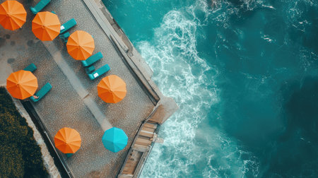 This stunning aerial view captures a vibrant beach scene, complete with colorful umbrellas and deck chairs beside crashing ocean waves, evoking a sense of peaceful relaxation and summer enjoyment.の素材