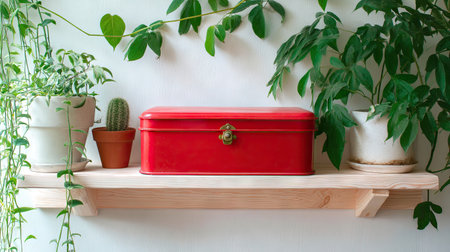 This image features a vibrant red storage box placed on a wooden shelf adorned with lush green plants, creating a lively and inviting atmosphere for home decor.の素材