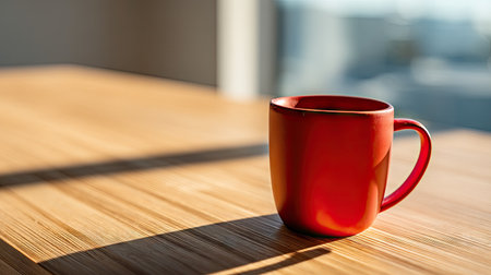 A vibrant red coffee mug sits on a smooth wooden table, softly illuminated by morning sunlight, casting gentle shadows that enhance a cozy atmosphere.の素材