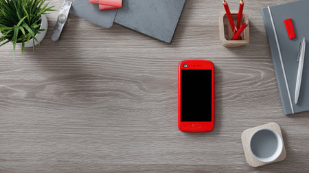 A vibrant red smartphone rests on a minimalist wooden desk surrounded by stationery items and a small plant, creating an inviting workspace atmosphere.の素材