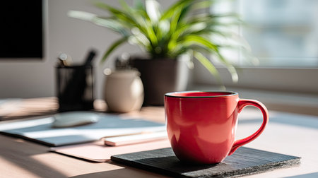 A bright and inviting workspace featuring a vibrant red coffee mug placed on a textured mat, complemented by a lush indoor plant. The scene depicts a serene ambiance ideal for creativity and productivity during daylight hours.の素材