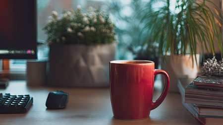 A red coffee mug sits on a wooden desk amidst green plants and an inviting workspace, illuminated by gentle natural light, perfect for productivity and relaxation.の素材
