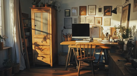 This charming home office showcases a well-organized workspace filled with natural light. Featuring a wooden desk, computer, and various art displays, it creates an inviting atmosphere perfect for creativity and productivity.の素材