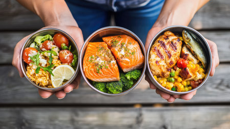 A vibrant display of healthy meal prep featuring grilled salmon, fresh salads, and colorful vegetables. Perfect for nutrition enthusiasts and meal planners.の素材