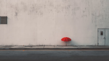 A striking visual featuring a vibrant red umbrella leaning against a textured white wall, offering a moment of solitude in an uncluttered urban environment.の素材