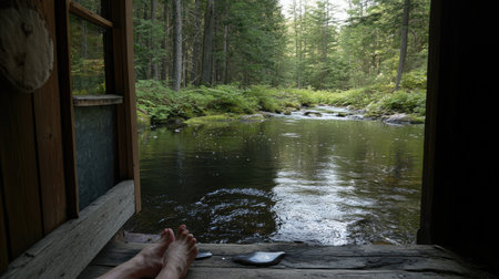 A serene view from a rustic cabin overlooking a peaceful river, framed by lush green trees and calm waters, ideal for relaxation and escape into nature.の素材