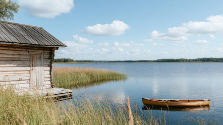 This image captures a peaceful lakeside scene featuring a wooden cabin and a canoe gently floating on calm water, surrounded by lush greenery and a vibrant sky.の素材
