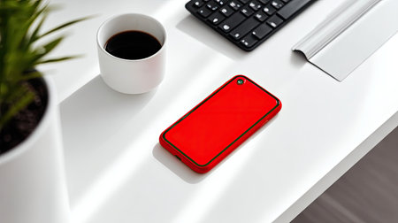 This image features a bright red smartphone placed on a clean, minimalist white desk alongside a keyboard and coffee cup, capturing a modern workspace aesthetic.の素材