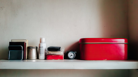 A charming display of vintage items on a shelf, featuring a red tin box, a small clock, and various everyday objects, evoking a cozy atmosphere.の素材