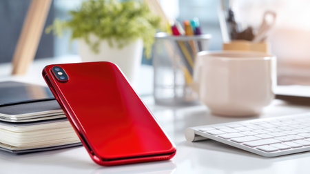 A vibrant red smartphone rests elegantly on a sleek desk, surrounded by office supplies, a plant, and a keyboard, creating a chic workspace atmosphere.の素材