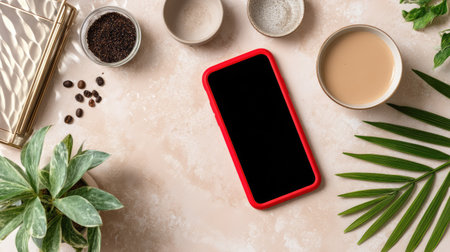 This engaging flat lay captures a smartphone nestled amongst coffee items and greenery, ideal for showcasing modern lifestyle, creativity, and caffeine culture.の素材