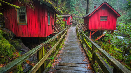 A serene forest scene featuring charming red wooden cabins along a winding trail. Surrounded by lush greenery and vibrant nature, the image evokes tranquility.の素材