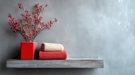 This image showcases a modern bathroom setup featuring warm red towels stacked neatly on a wooden shelf, complemented by a vibrant floral arrangement in a red vase against a soft gray wall.の素材