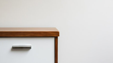A modern wooden cabinet with a sleek white drawer stands against a minimalist background, embodying elegance and simplicity in interior design.の素材