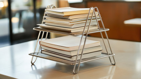 A modern stack of open and closed books arranged neatly on a metal stand, set in a bright cafe environment that inspires creativity and learning.の素材