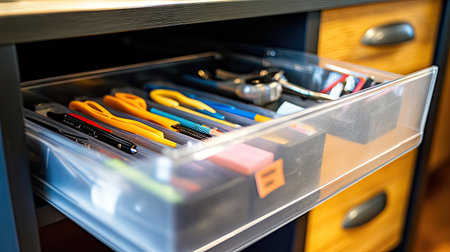 A well-organized desk drawer filled with a variety of office supplies and tools, showcasing an efficient workspace for creativity and productivity.の素材