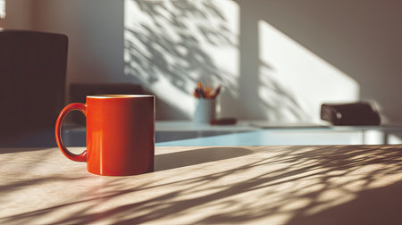 A vibrant red coffee mug sits on a wooden surface, capturing soft morning light and intricate shadows, perfect for conveying warmth and comfort in an office space.の素材