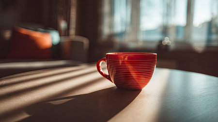 A warm red coffee cup sits on a wooden table, illuminated by soft morning sunlight. Shadows create a cozy atmosphere in a stylish interior.の素材
