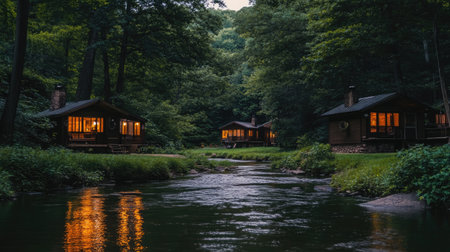 A serene view showcasing cozy cabins nestled by a gentle stream, illuminated at dusk, offering a perfect retreat for nature enthusiasts seeking peace and relaxation.の素材