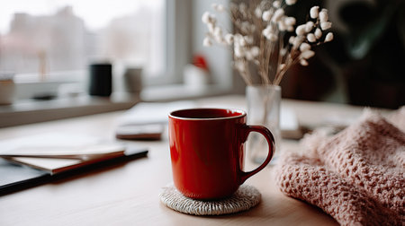 A serene indoor scene showcasing a vibrant red mug placed on a wooden table, surrounded by delicate flowers and soft textiles. This image evokes warmth and comfort.の素材