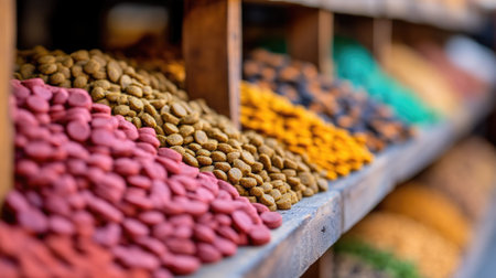 A vibrant array of spices and dried ingredients displayed on wooden shelves, showcasing an attractive range of colors and textures in a market scene.の素材
