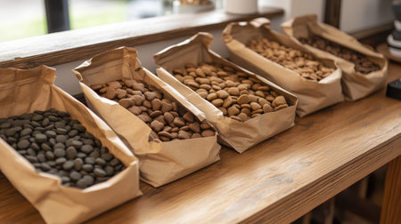 A collection of various types of pet food displayed in eco-friendly paper bags on a wooden table, illuminated by bright natural light, ideal for pet owners.の素材
