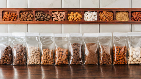A well-organized arrangement of various dry food ingredients displayed in transparent bags on a wooden countertop, enhancing any kitchen aesthetic.の素材