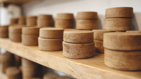 Discover a collection of wooden storage containers meticulously arranged on a shelf, showcasing their natural beauty and rustic charm, perfect for enhancing home decor.の素材