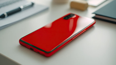 A sleek and vibrant red smartphone rests on a minimalist desk surrounded by office supplies, creating a modern and stylish workspace atmosphere.の素材