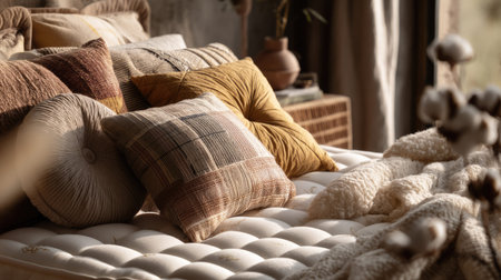 A serene bedroom space featuring an elegant arrangement of decorative pillows and cozy textiles on a plush mattress, perfect for relaxation and comfort.の素材