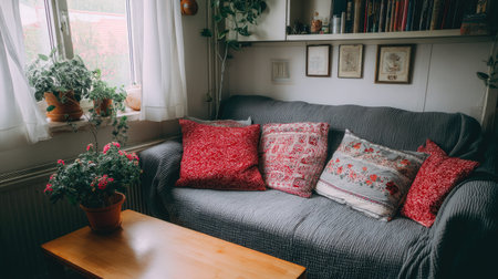 A cozy living room scene featuring a soft sofa adorned with colorful cushions, surrounded by potted plants. Sunlight streams in through the window, creating a warm and inviting atmosphere. Perfect for showcasing home decor and relaxation themes.の素材