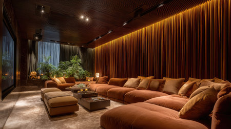 This image depicts a cozy living room designed with warm lighting and plush furniture. The space features soft textures, indoor plants, and a stylish ambiance, ideal for relaxation and gatherings.の素材