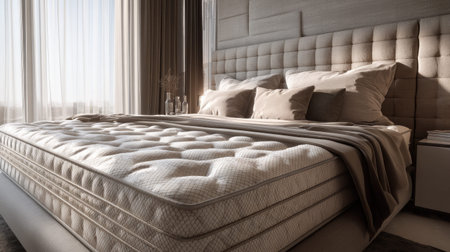 This elegant bedroom scene showcases a luxurious bed with plush pillows and a cozy mattress, bathed in soft natural light, creating a serene atmosphere.の素材