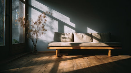 A serene living room scene featuring a minimalist sofa bathed in natural light, highlighting soft textures and a wooden floor, with dried flowers adding warmth.の素材