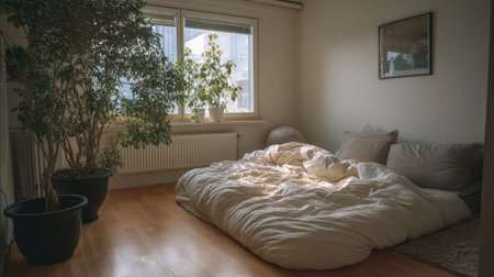 A serene bedroom setting featuring soft bedding and lush potted plants, bathed in natural light, creating a tranquil atmosphere for relaxation.の素材