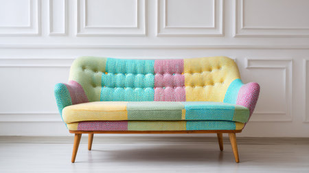 This vibrant mid-century modern sofa features playful colors and tufted upholstery. Ideal for stylish interiors, the piece adds a cozy and inviting atmosphere to any space.の素材