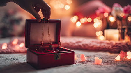 A hand reaches for beautiful earrings inside an elegant jewelry box, surrounded by twinkling lights and roses, creating a romantic and intimate atmosphere.の素材