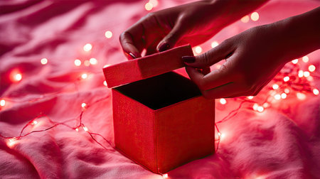 A close-up view of hands carefully opening a red gift box amidst soft pink lights, perfect for themes of celebration, joy, and surprise during special occasions.の素材