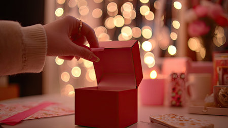 A hand reveals an elegant red gift box in a cozy setting, adorned with warm bokeh lights. This composition captures the essence of celebration and joy.の素材