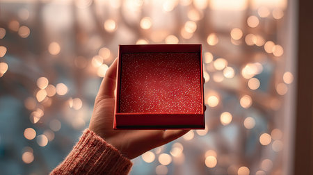 A warm image of a hand holding a red gift box, contrasted against a dreamy bokeh background, capturing the essence of festive joy and anticipation.の素材