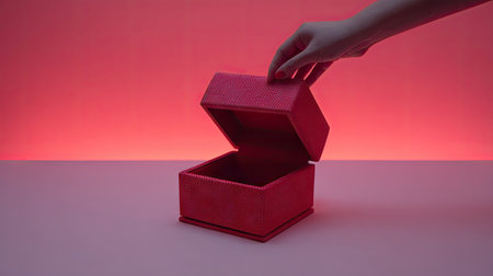 A vibrant red box with an open lid is gently handled against a soft pink background, ideal for showcasing gifts or creative storage ideas.の素材