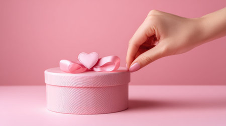 A close-up view of a feminine hand placing a pink ribbon on a round gift box with a heart detail, set against a soft pink background, perfect for celebrations.の素材