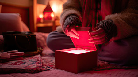A warm and cozy indoor scene capturing a person opening a glowing box. Soft lighting enhances the atmosphere, creating a sense of mystery and anticipation.の素材