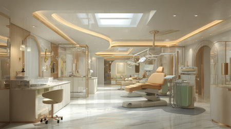 This modern dental clinic features a spacious layout with stylish furniture and clean aesthetics, showcasing a professional environment for health practitioners.の素材
